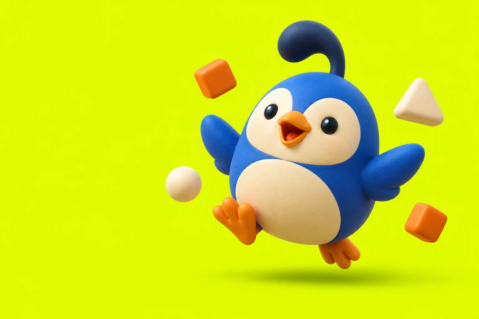 A cheerful blue toy quail hopping through the air